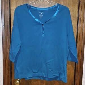 WHITE STAG TEE WOMAN WOMEN'S 2X V NECK  3 BUTTON TOP TEAL SILKY TRIM PLUS SIZE